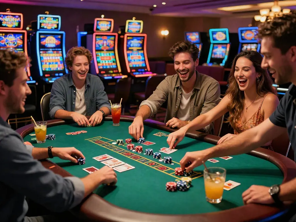 Exciting scene at casinos not on gamstop with friends gaming at a lively blackjack table.