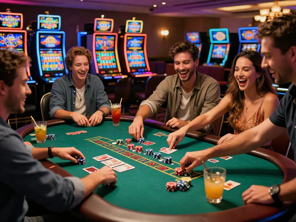 Exciting scene at casinos not on gamstop with friends gaming at a lively blackjack table.