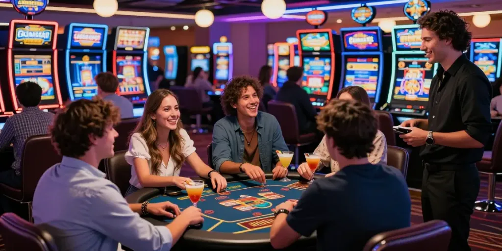 Friends enjoying casinos not on gamstop in vibrant atmosphere.