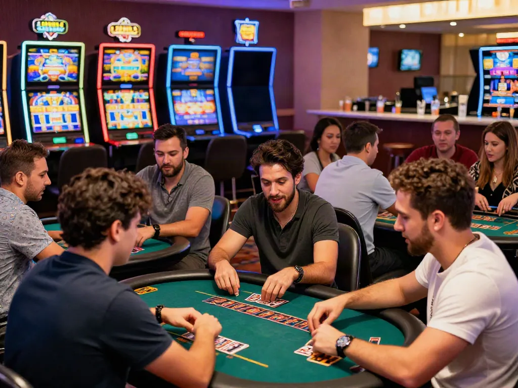 Players enjoying gaming at casinos not on GamStop in a vibrant setting with modern tables and colorful lights.