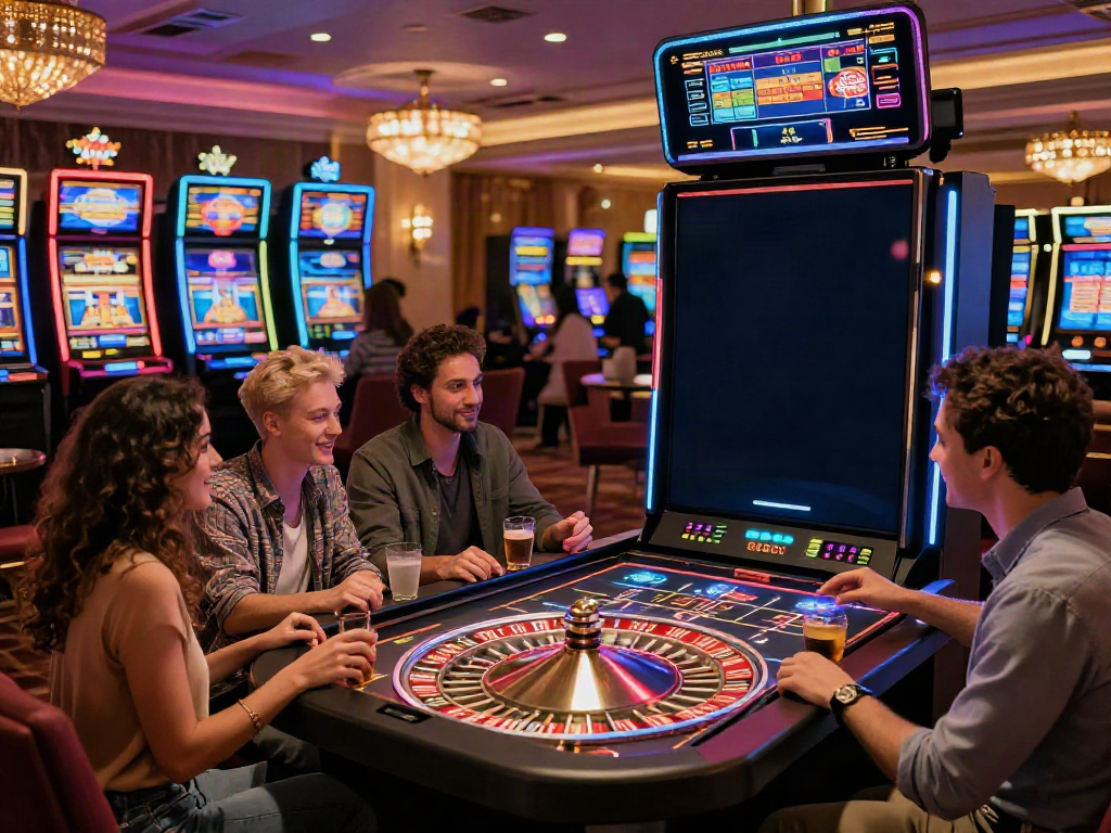 Group of friends enjoying casinos not on GamStop in a lively gaming lounge