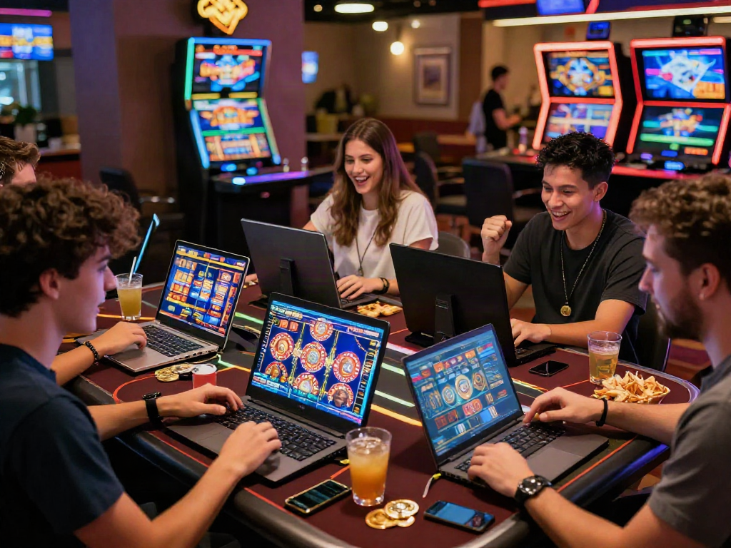 Group of friends enjoying online casinos not on gamstop with colorful game screens and drinks.