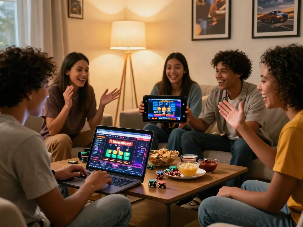 Friends enjoying online casinos not on gamstop during a gaming night.