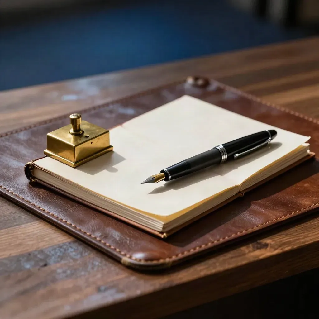 Brass paperweight pins a closed notebook on a leather desk mat beside a matte fountain pen.