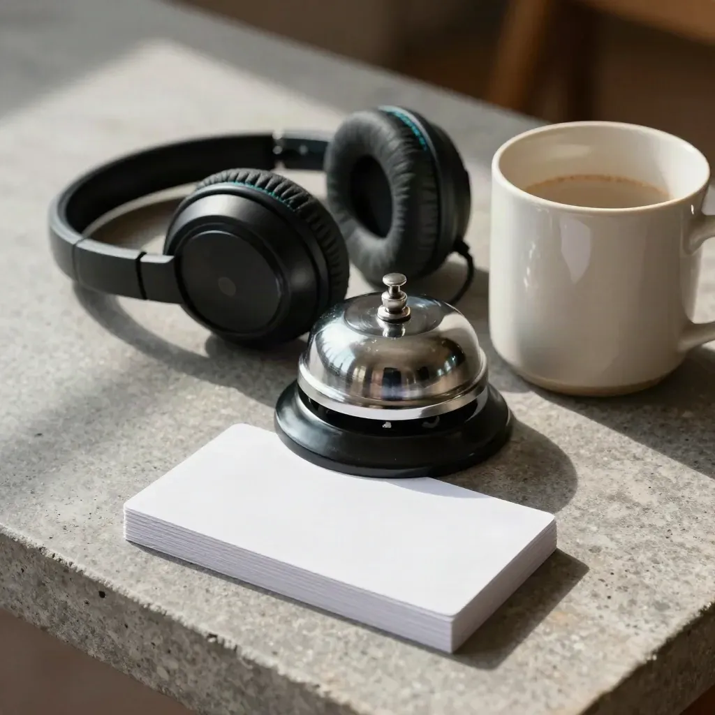 Headset, mug, bell and cue cards on stone in warm editorial light