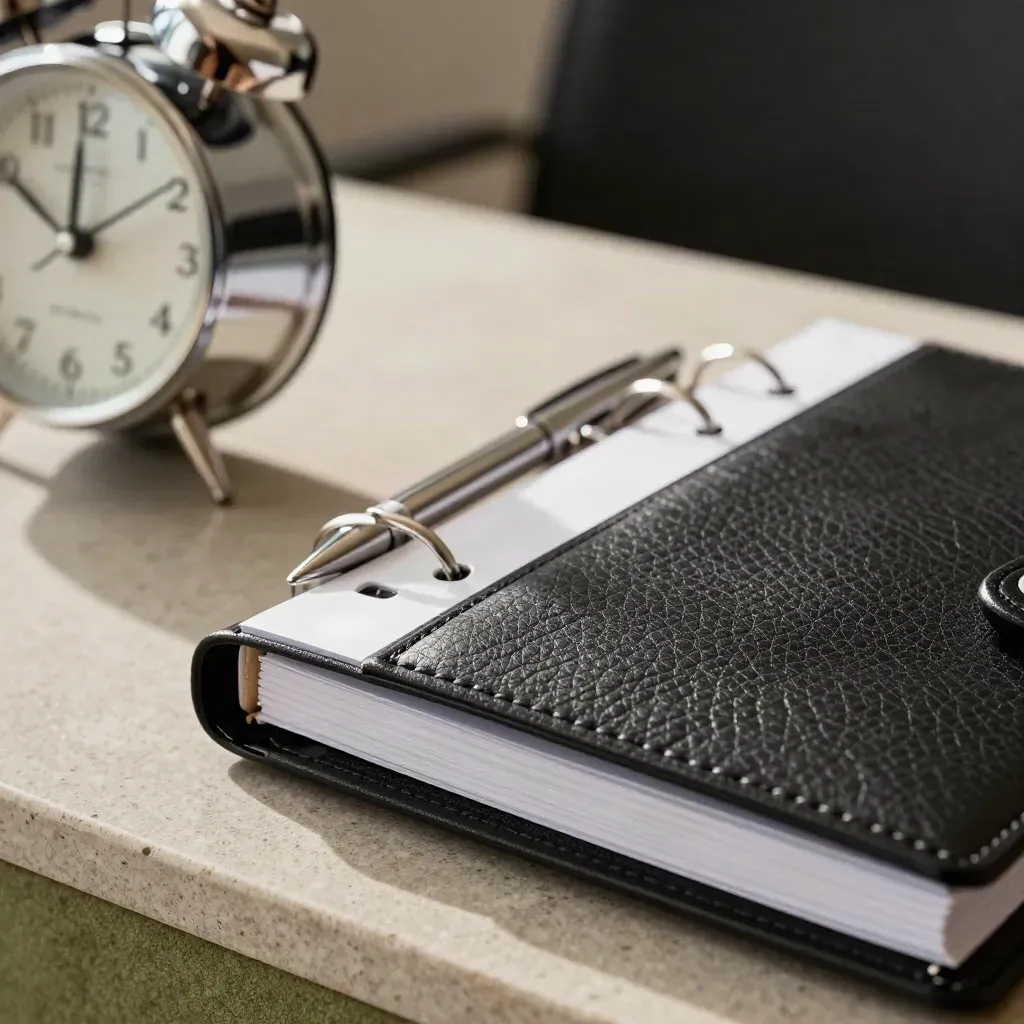 Chrome desk clock, closed binder, slim pen and black file wallet on a pewter counter.