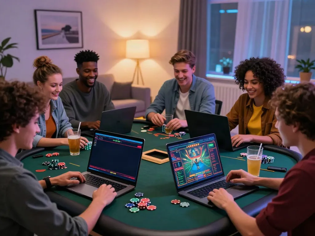 Excited group of friends playing casinos not on gamstop in a stylish living room, vibrant atmosphere.