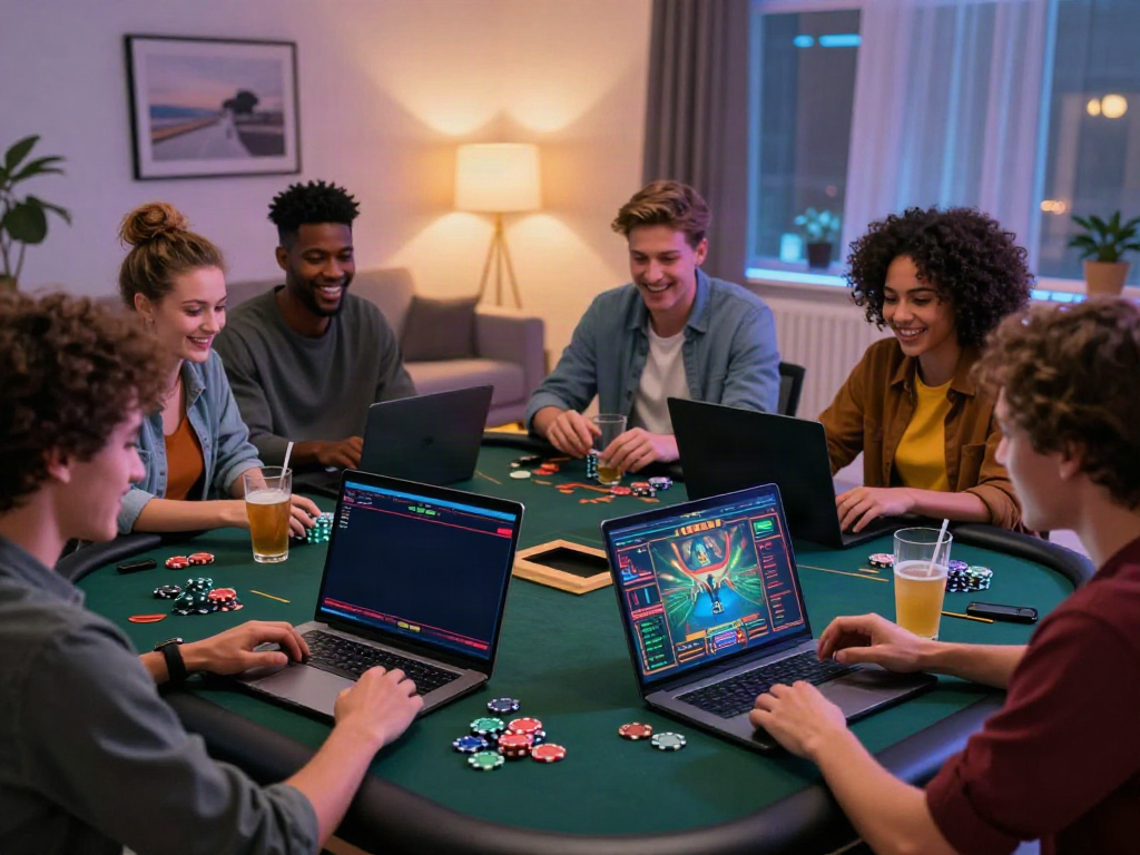 Excited group of friends playing casinos not on gamstop in a stylish living room, vibrant atmosphere.