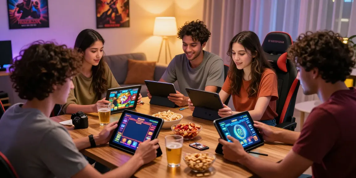 Excited friends enjoying casinos not on GamStop while playing games on a tablet.