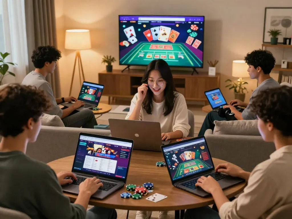 Players exploring online credit card casinos on laptops and tablets in a cozy living room.