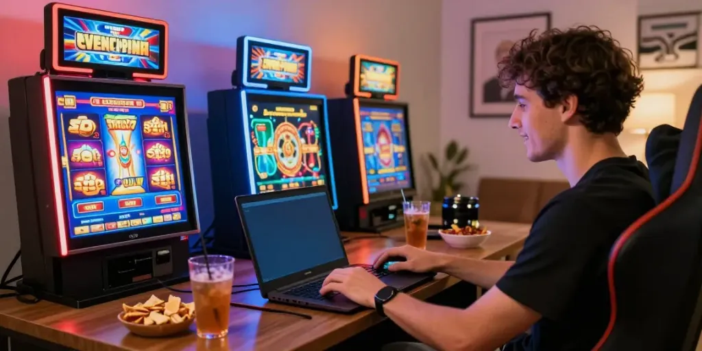 Engaged player exploring casinos not on gamstop in a cozy gaming setup.