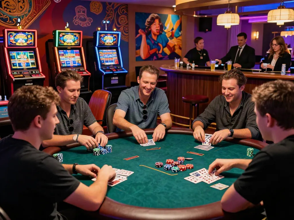 Exciting scene in a casino not on GamStop, players engaged around a poker table highlighting a lively atmosphere and gaming camaraderie.