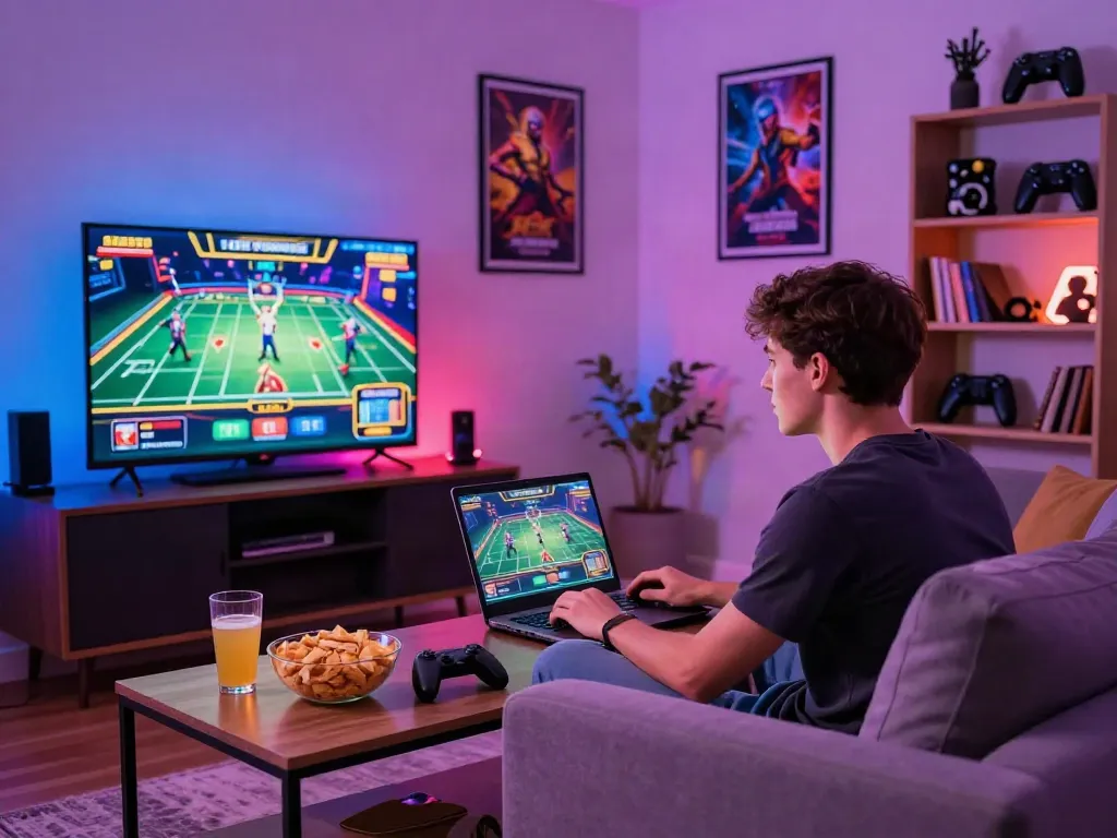 Casinos not on GamStop: Gamer enjoying online casino games in a stylish home.