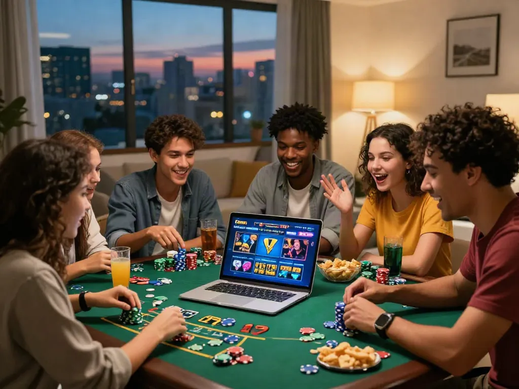 The excitement of friends playing at casinos not on GamStop, showcasing a lively living room with casino chips and snacks.