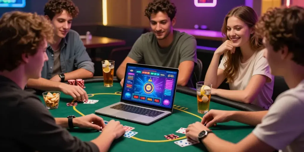 Exciting gaming atmosphere with friends enjoying casinos not on GamStop on a laptop.