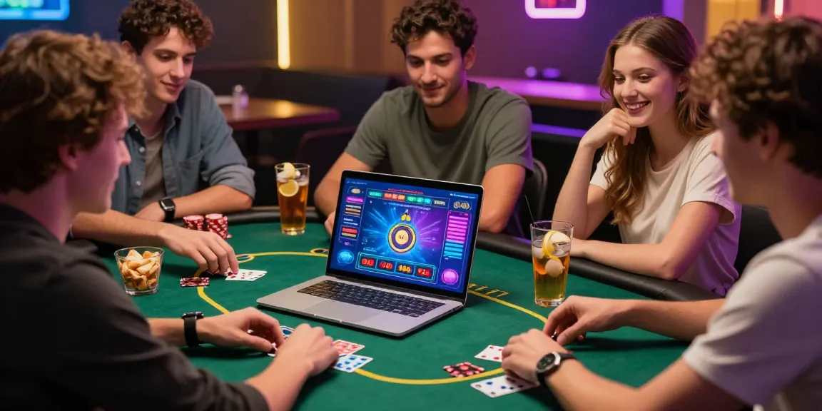 Exciting gaming atmosphere with friends enjoying casinos not on GamStop on a laptop.
