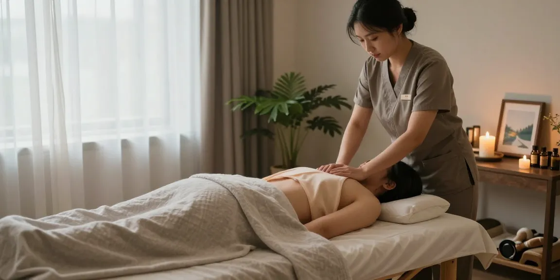 출장마사지 therapy session in a serene home environment with candles and natural light.