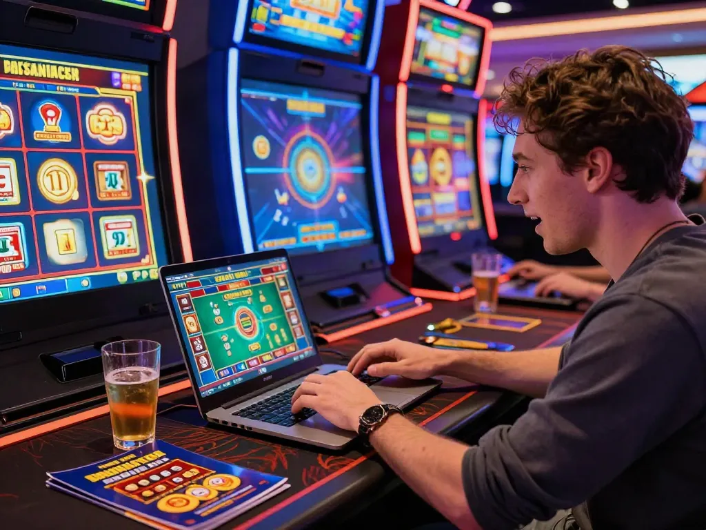 Player engaged in online gaming at a vibrant casino not on GamStop, showcasing excitement and colorful graphics.