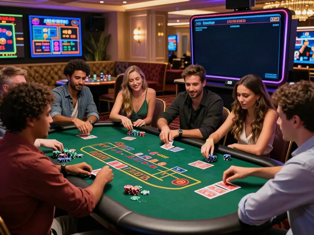Exciting gaming scene at an online casino with friends enjoying games not on GamStop.