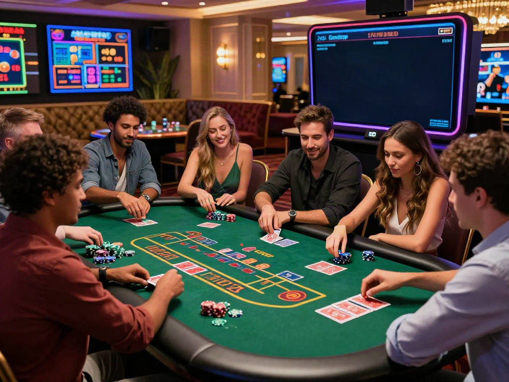 Exciting gaming scene at an online casino with friends enjoying games not on GamStop.