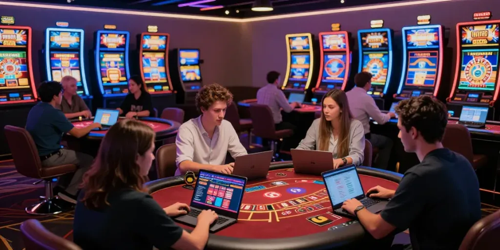 Players enjoying casinos not on gamstop in a vibrant online gaming atmosphere with colorful slot machines.