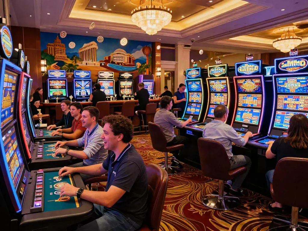 Players enjoying vibrant slots and table games at casinos not on GamStop, capturing the excitement of gaming.
