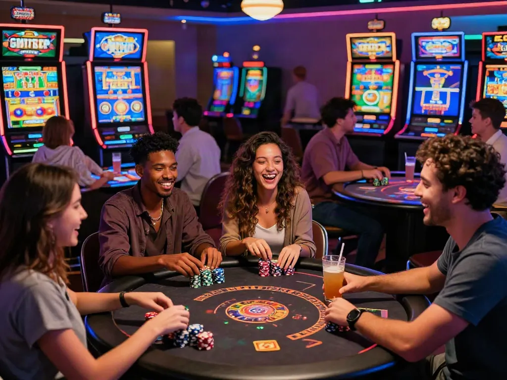Friends enjoying games and excitement at casinos not on GamStop, highlighting vibrant atmosphere and fun.