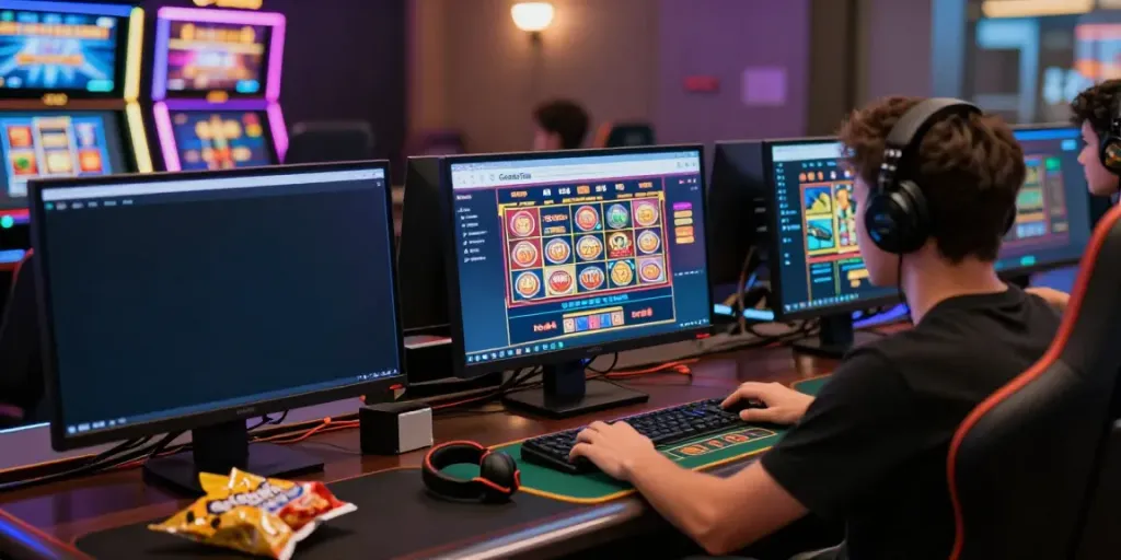 Player exploring casinos not on gamstop through multiple screens in a vibrant gaming setup.