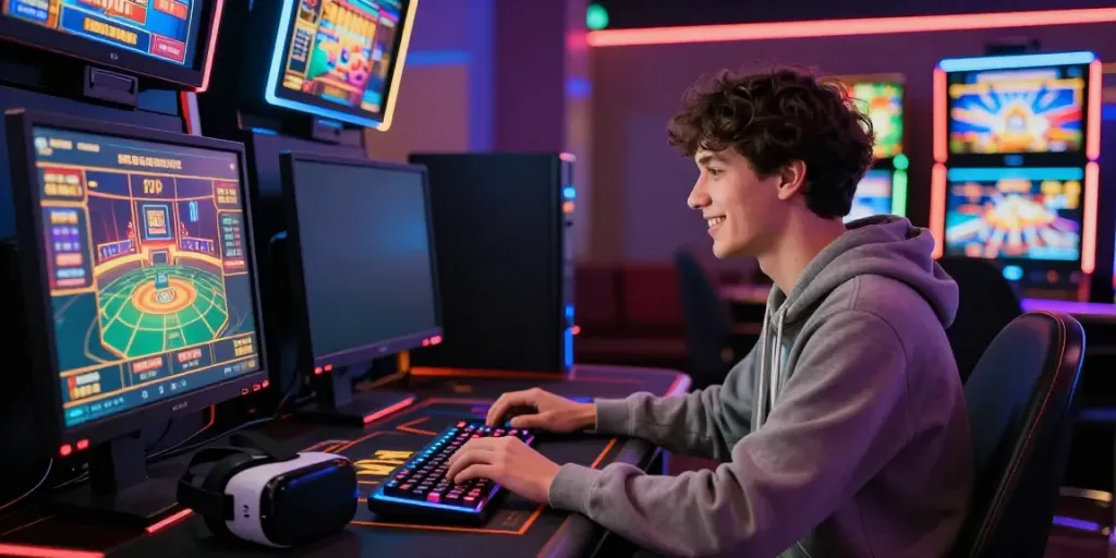 Player enjoying casinos not on GamStop at a vibrant gaming setup with colorful interfaces.