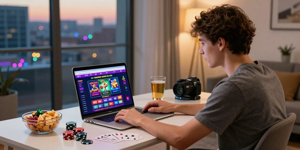 Engaging online gambling setup focusing on casinos not on GamStop, with vibrant gaming visuals and comfortable ambiance.