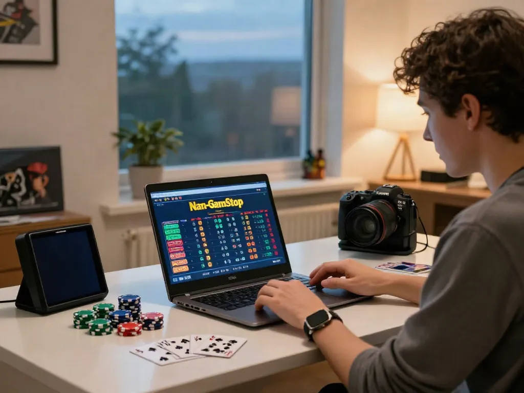 Engaged player enjoying casinos not on GamStop at home with laptop, poker chips, and ambient lighting.