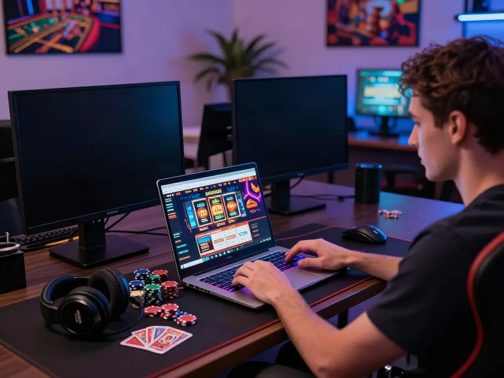 Person enjoying online gaming at trusted casinos not on gamstop in modern home office.