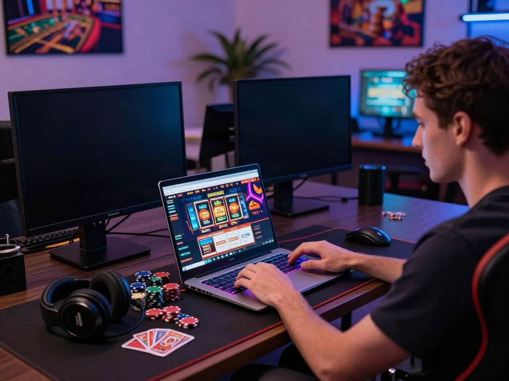 Person enjoying online gaming at trusted casinos not on gamstop in modern home office.