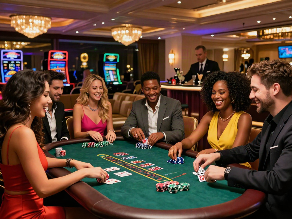 Friends enjoying games at lively casinos not on gamstop with colorful chips and cocktails.