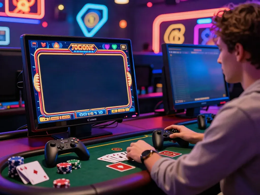 Engaging scene of online casinos not on GamStop with a player actively gaming on a vibrant screen.