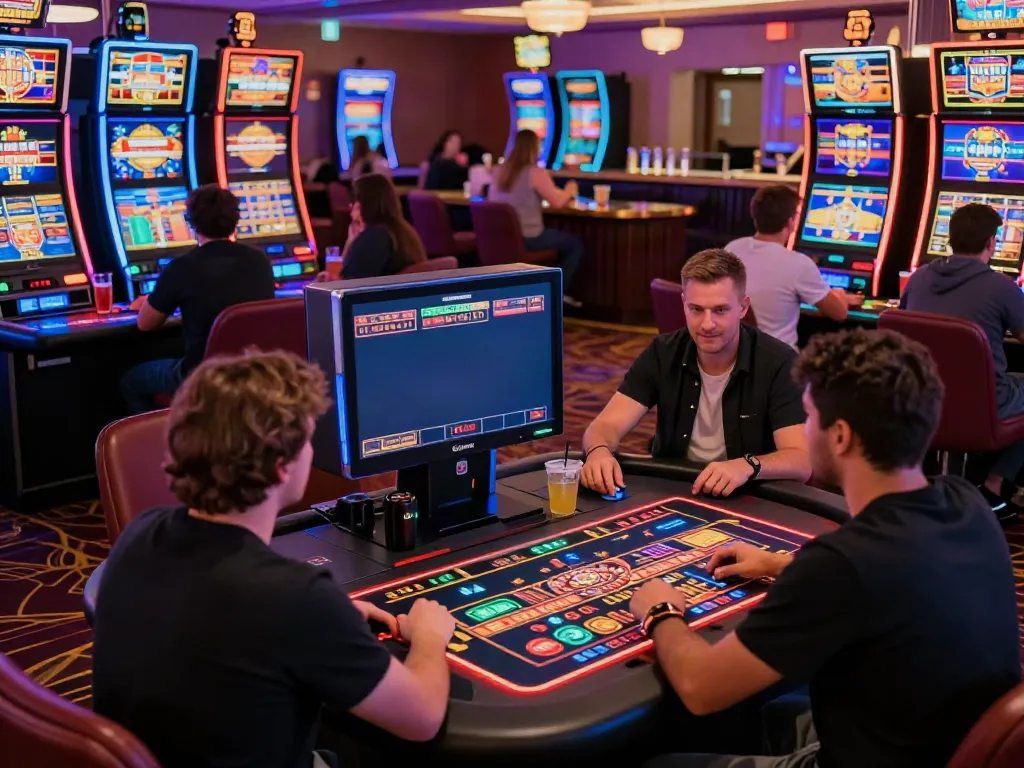 Exciting gaming atmosphere at online casinos not on gamstop, featuring players and vibrant decor.