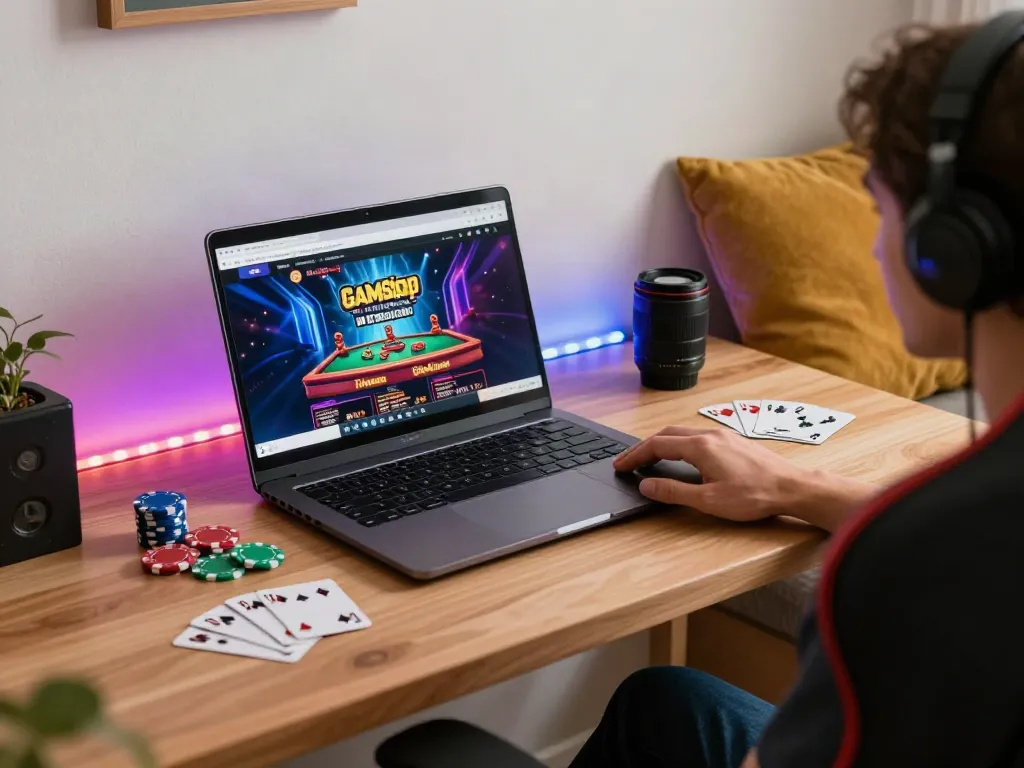 Cozy gaming setup showcasing casinos not on GamStop, featuring poker chips and a laptop