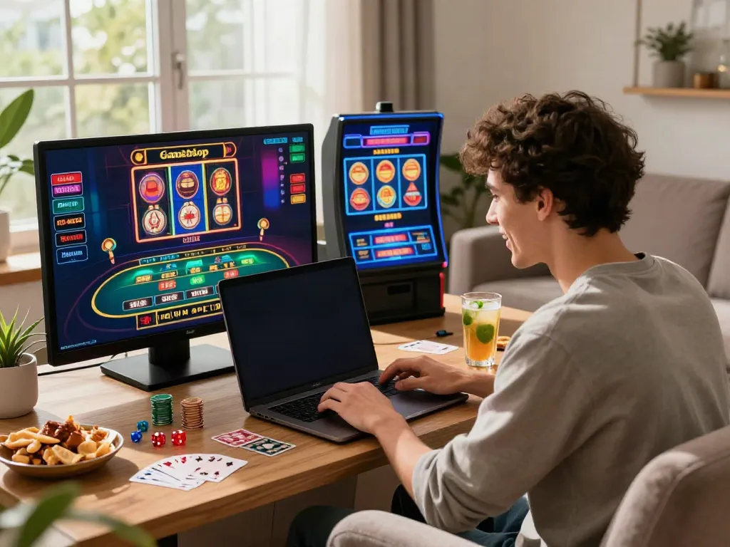 Exciting home gaming scene with a user enjoying casinos not on GamStop, surrounded by vibrant slot machines and live games.