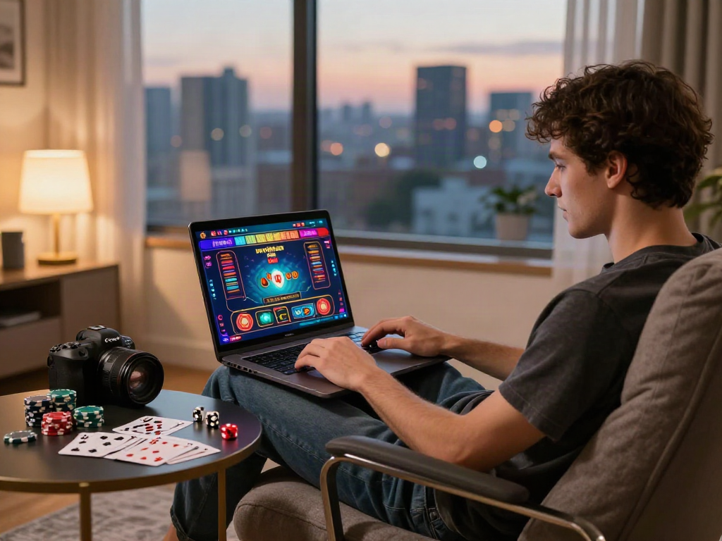 Engaging scene of a person enjoying casinos not on gamstop from home, surrounded by gaming accessories.