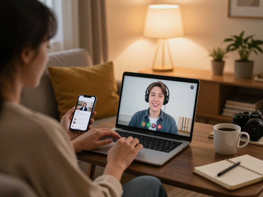 Engaging in a sexchat video call in a cozy home setting.