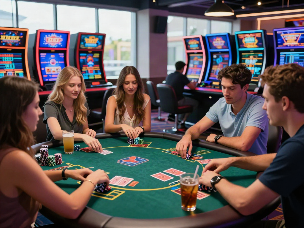 Friends enjoying lively gameplay at casinos not on gamstop with vibrant atmosphere.