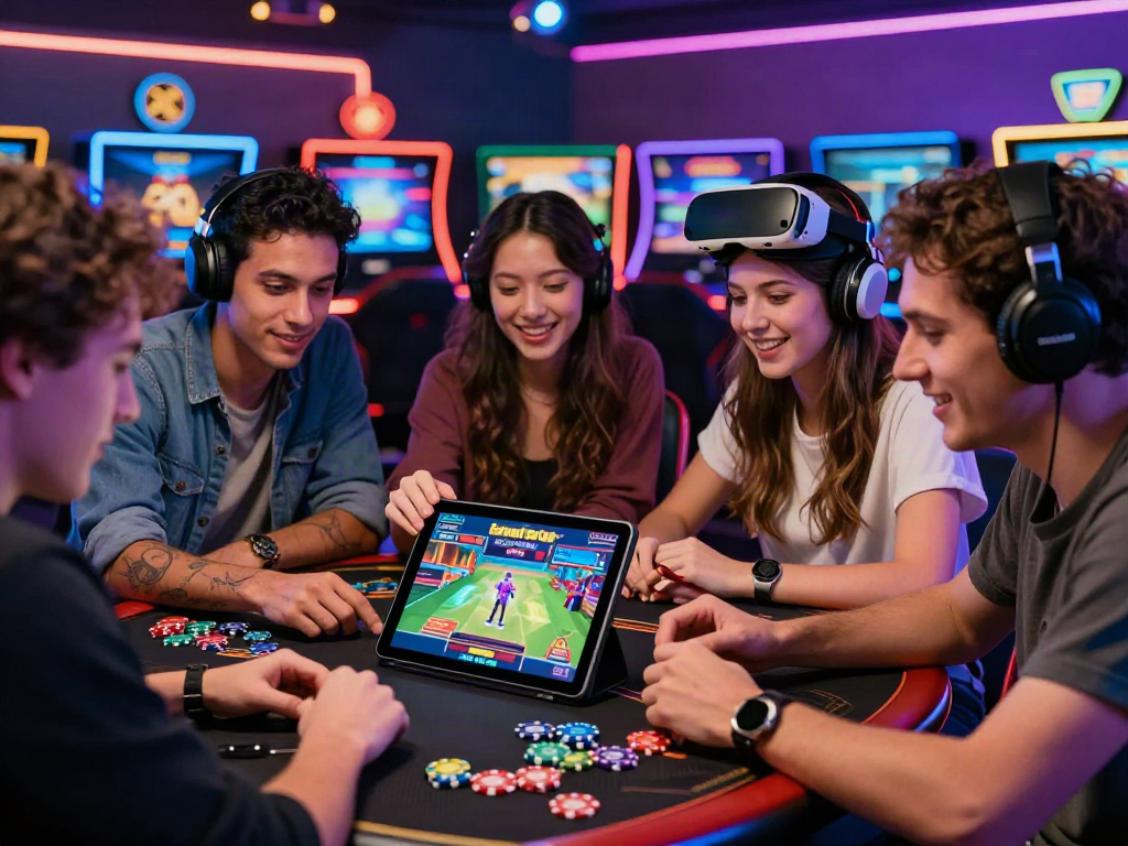 Group of friends enjoying games at casinos not on Gamstop with vibrant LED lights and gaming devices.