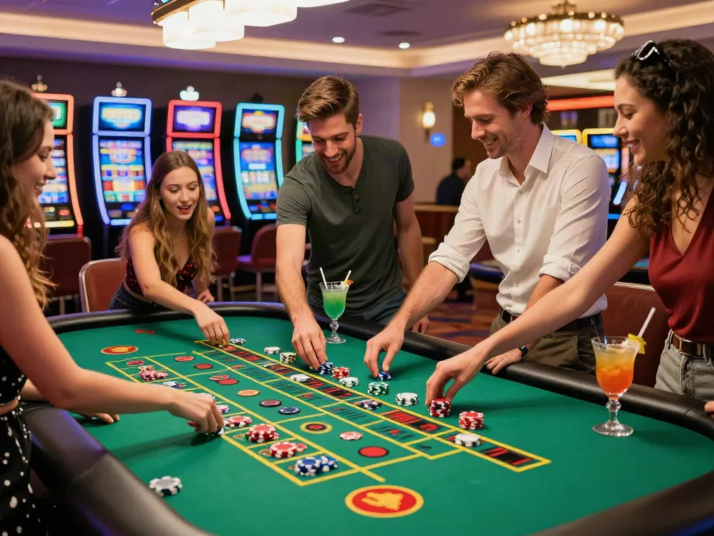 Friends enjoying gaming at a casino not on GamStop, vibrant atmosphere.