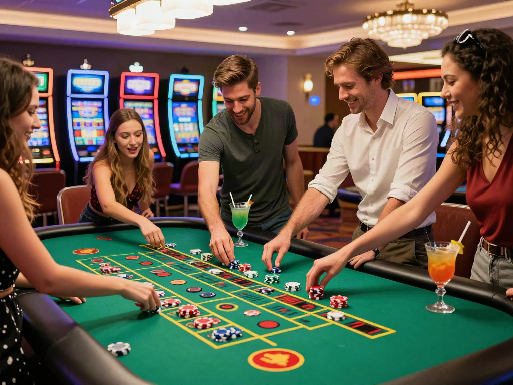 Friends enjoying gaming at a casino not on GamStop, vibrant atmosphere.