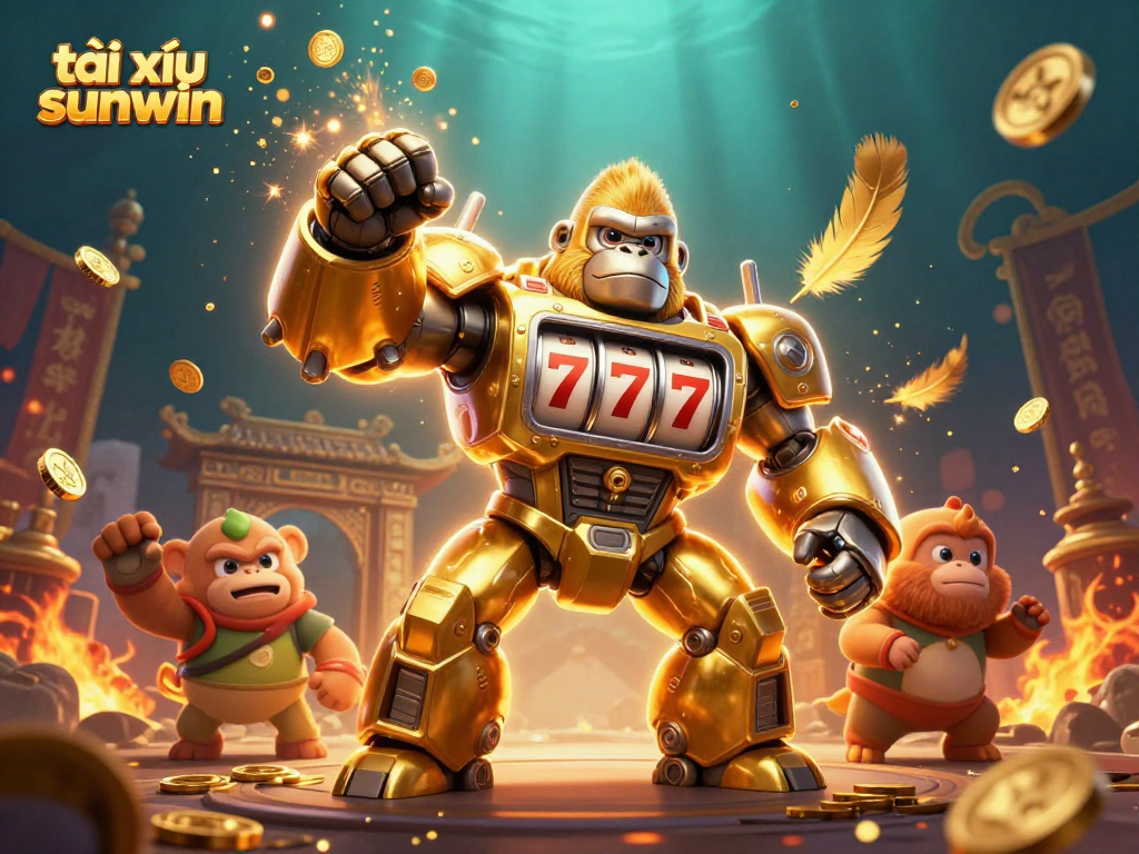 Engage in tài xỉu sunwin with dynamic action from a golden gorilla mech surrounded by chaos and excitement.