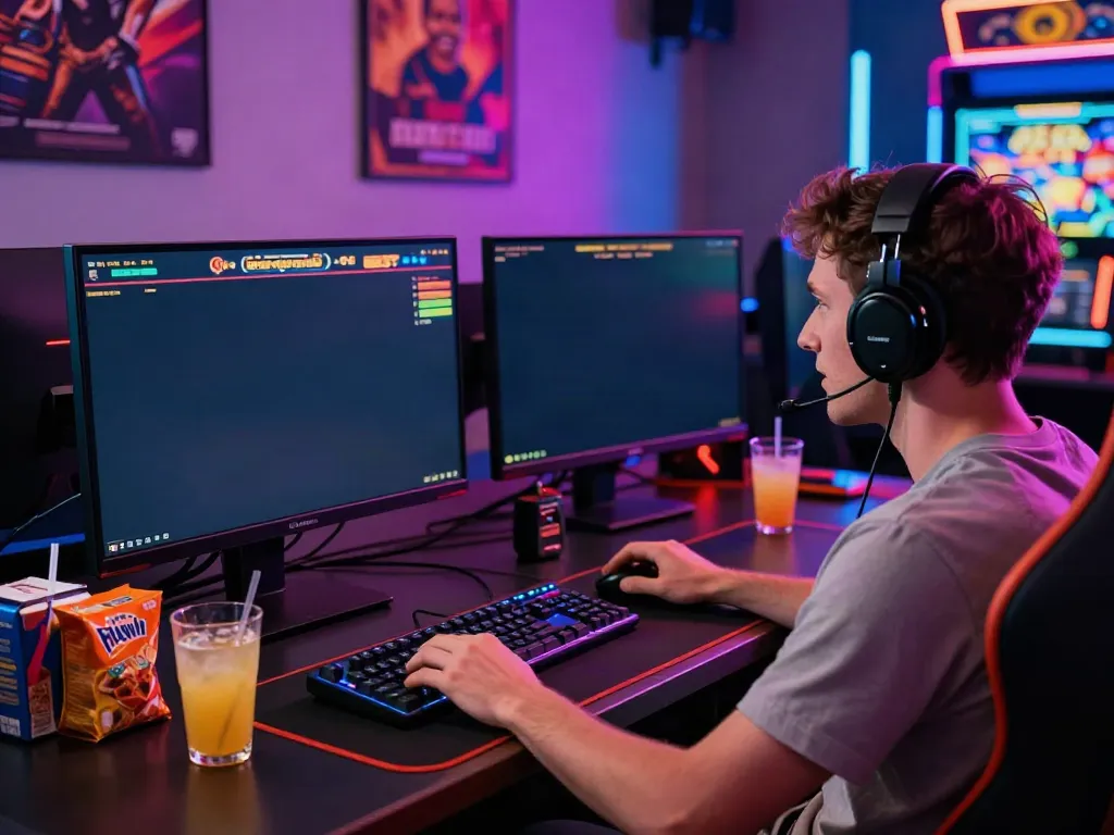 Player enjoying casinos not on GamStop at a sleek gaming station with immersive lighting and vibrant gaming displays.