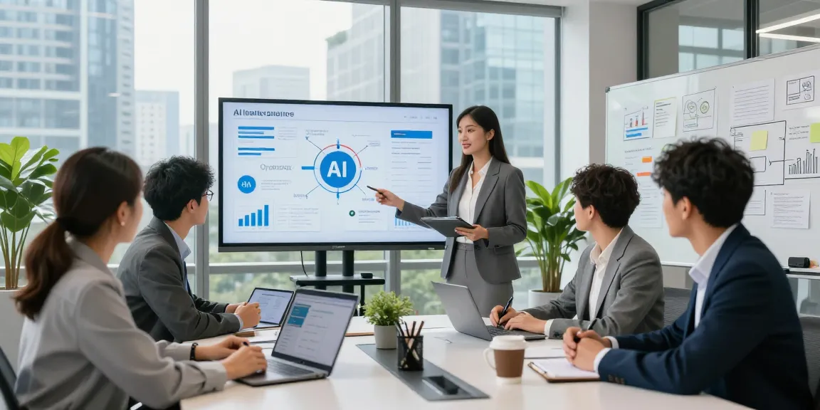 Team collaborating in a modern office showcasing AI for business analytics and strategy.
