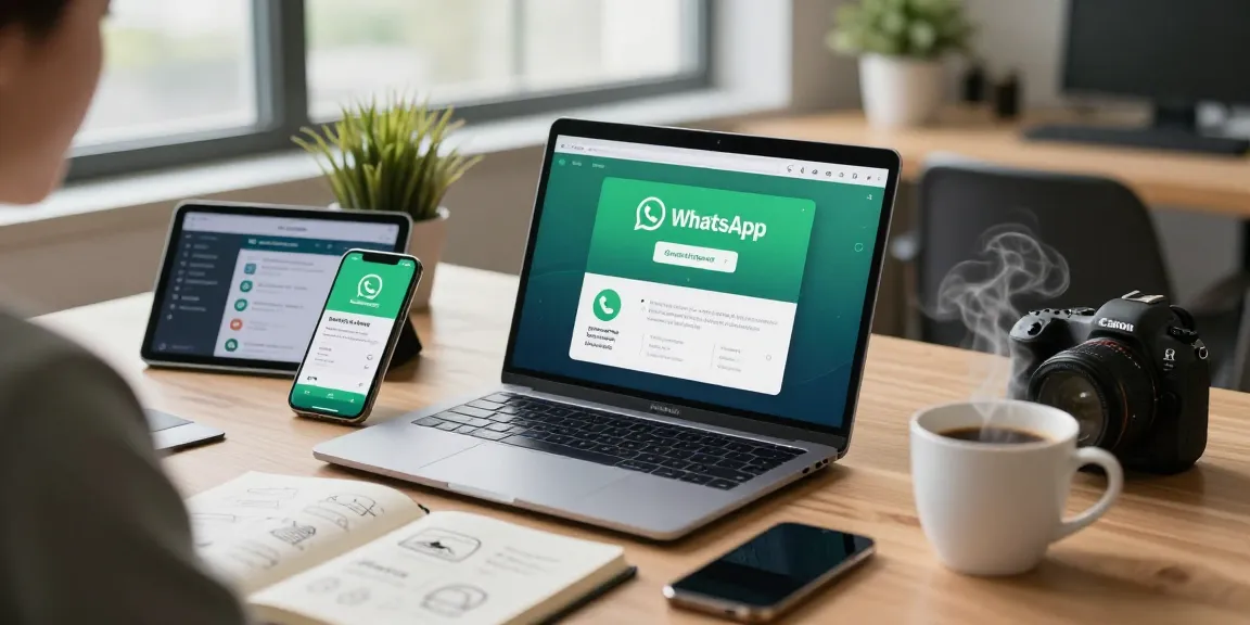 Downloading WhatsApp下載 on a laptop in a modern workspace with multiple tech devices.