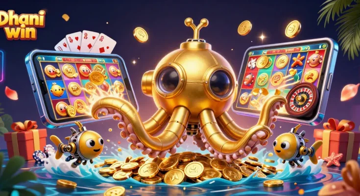 Play thrilling games and win with Dhani win in this vibrant online casino illustration.