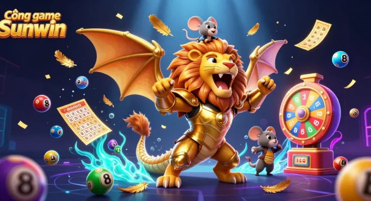 Cổng game Sunwin features a triumphant chimera and dynamic game elements enhancing the online casino experience.
